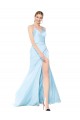 Sleeveless V-Neck Stretch Satin Light Sky Blue Long Formal Dress
