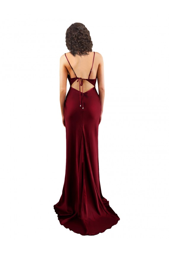 Sleeveless Cowl Neck Silky Satin Burgundy Long Formal Dress