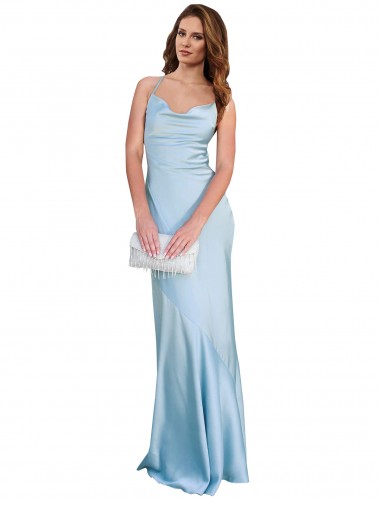Affordable Sleeveless Cowl Neck Silky Satin Light Sky Blue Long Formal Dress UK