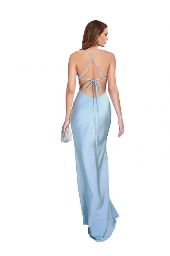 Sleeveless Cowl Neck Silky Satin Light Sky Blue Long Formal Dress