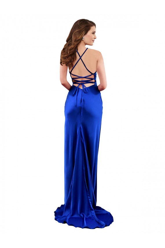Sleeveless Cowl Neck Silky Satin Royal Blue Long Formal Dress