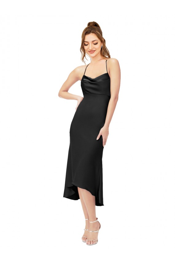 Sleeveless Cowl Neck Silky Satin Black Midi Length High Low Formal Dress