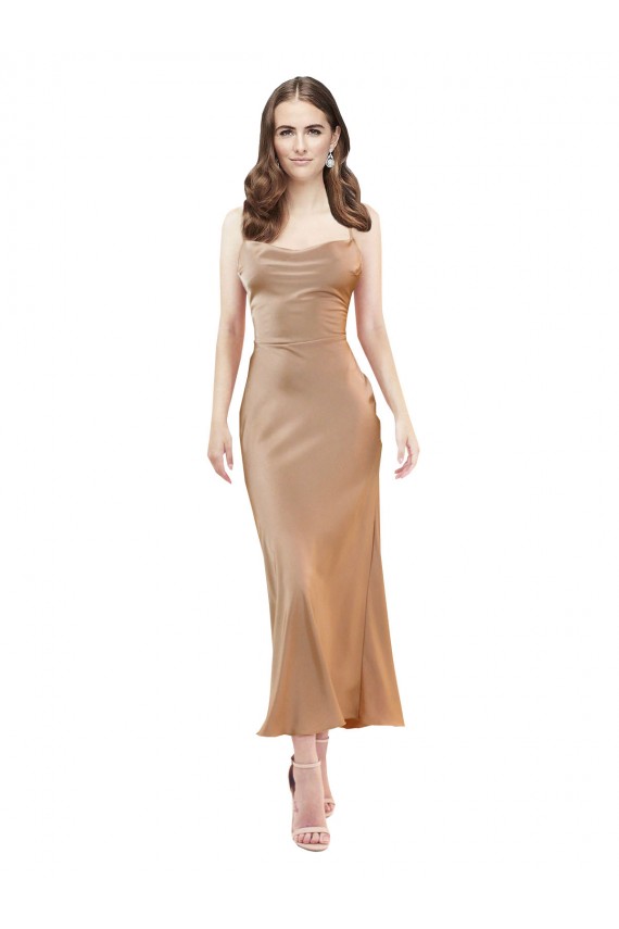 Sleeveless Cowl Neck Silky Satin Rose Gold Midi Length Formal Dress