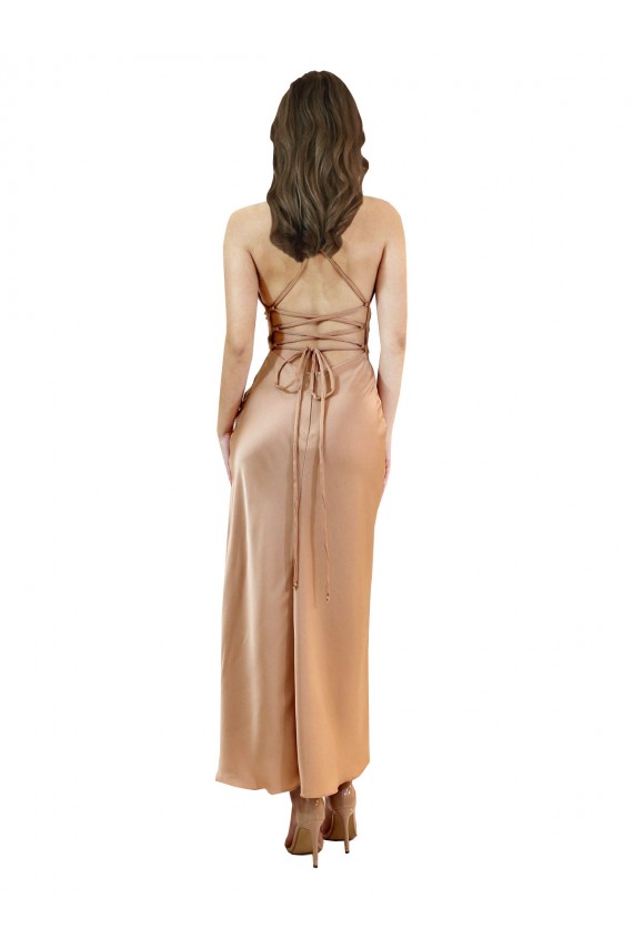 Sleeveless Cowl Neck Silky Satin Rose Gold Midi Length Formal Dress