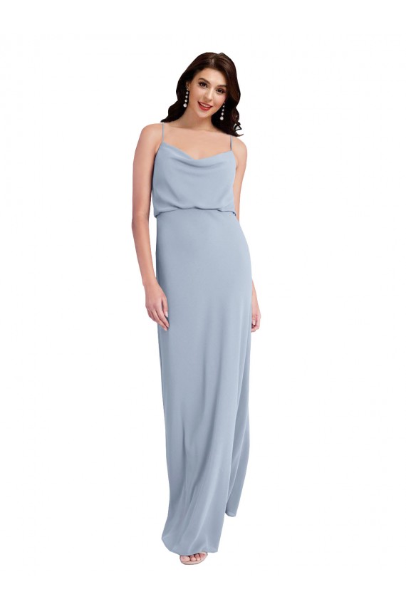 Sleeveless Cowl Neck Stretch Crepe Smoke Blue Long Formal Dress