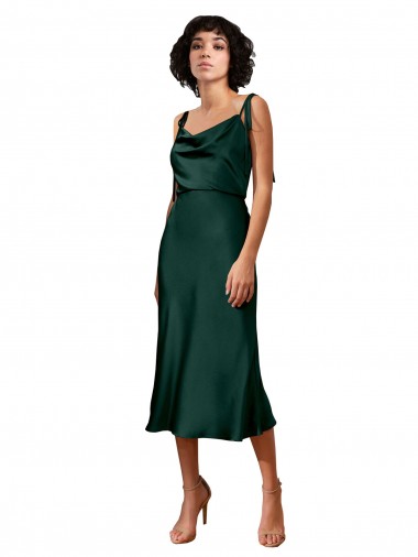 Affordable Sleeveless Cowl Neck Stretch Satin Hunter Midi Length Black Tie Formal Dress UK