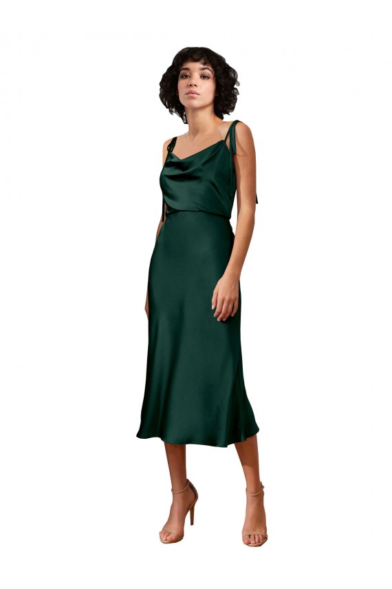 Sleeveless Cowl Neck Stretch Satin Hunter Midi Length Black Tie Formal Dress