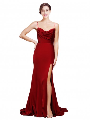 Affordable Sleeveless Cowl Neck Stretch Satin Burgundy Sweep Train Black Tie Formal Dress UK
