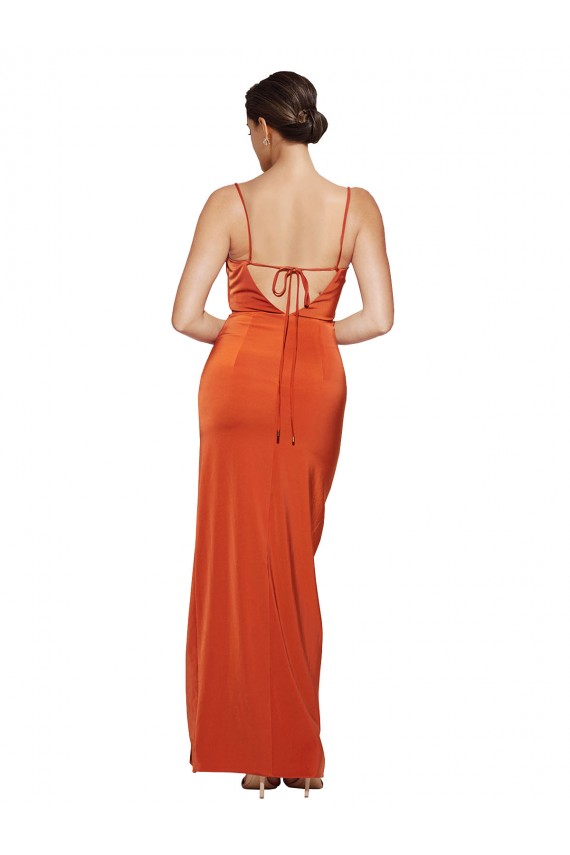 Sleeveless Cowl Neck Stretch Satin Rust Sweep Train Formal Dress
