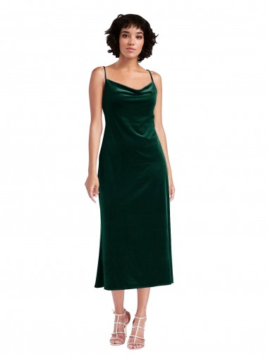 Affordable Sleeveless Cowl Neck Stretch Velvet Dark Green Midi Length Black Tie Formal Dress UK