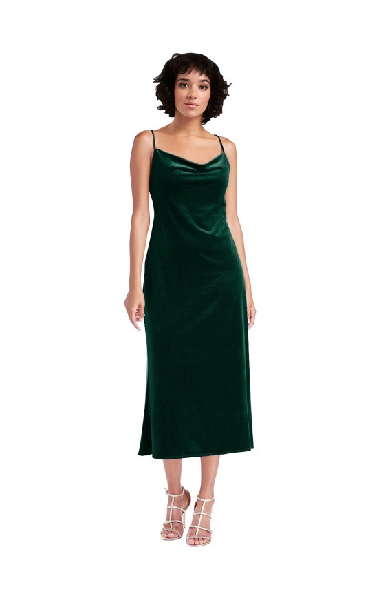 Sleeveless Cowl Neck Stretch Velvet Dark Green Midi Length Black Tie Formal Dress