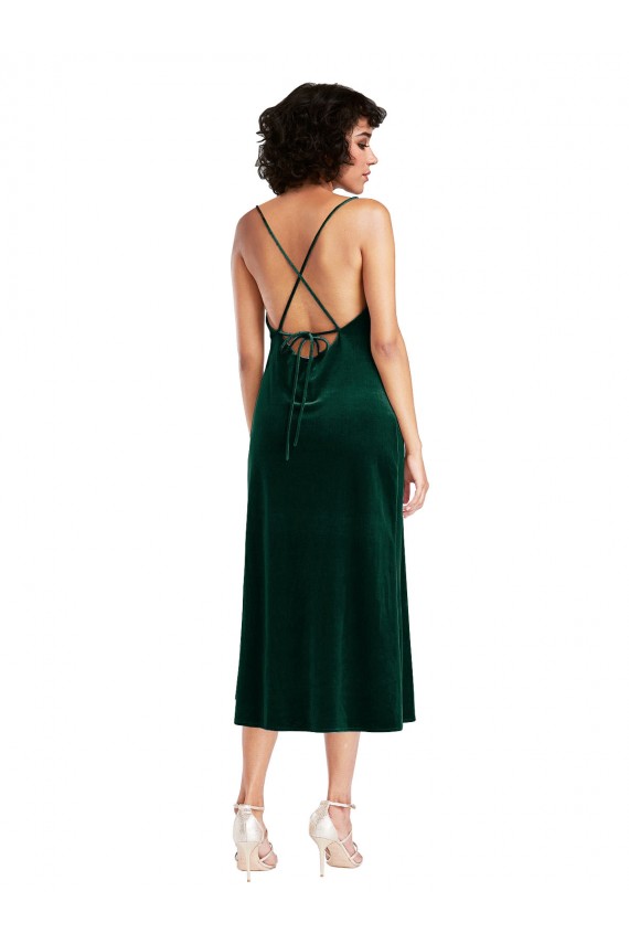 Sleeveless Cowl Neck Stretch Velvet Dark Green Midi Length Black Tie Formal Dress