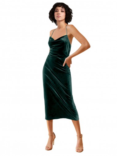 Affordable Sleeveless Cowl Neck Stretch Velvet Dark Green Midi Length Formal Dress UK