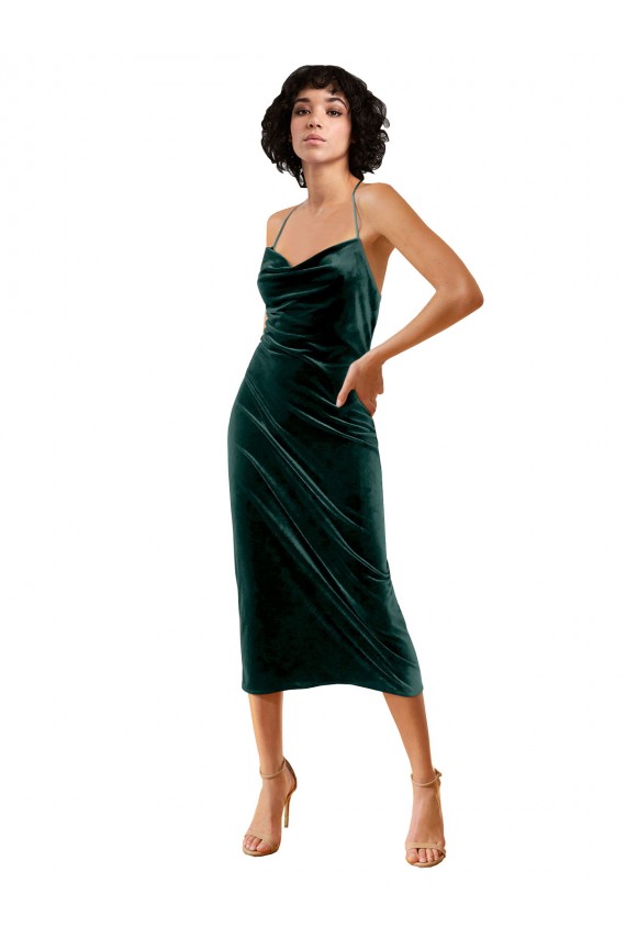 Sleeveless Cowl Neck Stretch Velvet Dark Green Midi Length Formal Dress