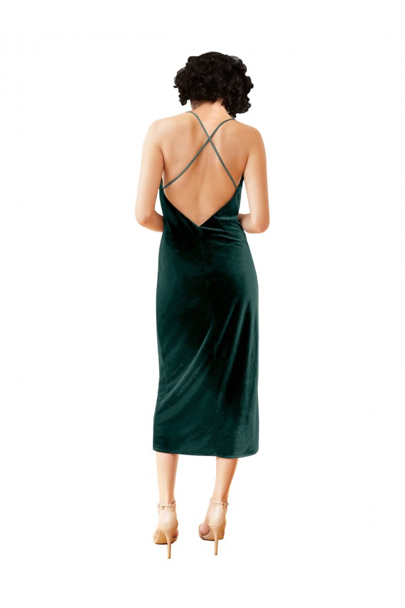 Sleeveless Cowl Neck Stretch Velvet Dark Green Midi Length Formal Dress