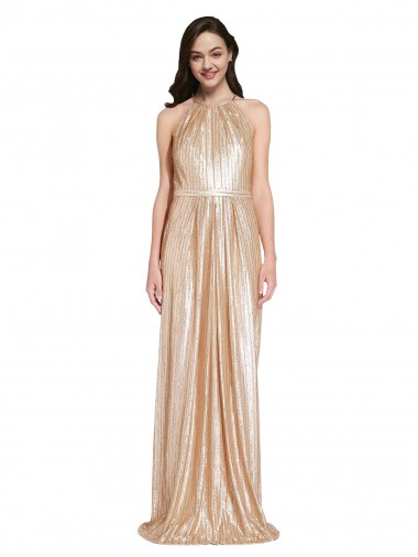 Affordable Sleeveless High Neck Sequin Gold Long Formal Dress UK