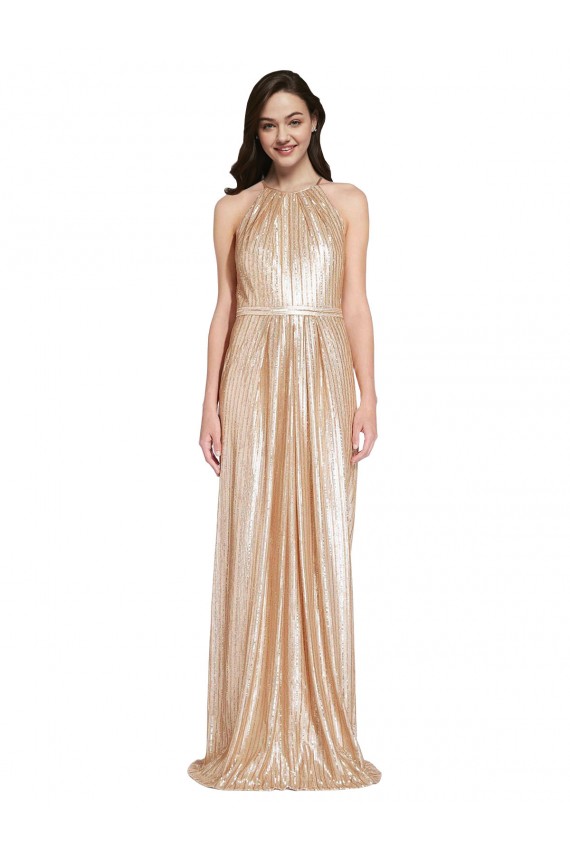 Sleeveless High Neck Sequin Gold Long Formal Dress