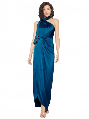 Affordable Sleeveless High Neck Silky Satin Peacock Blue Long Formal Dress UK