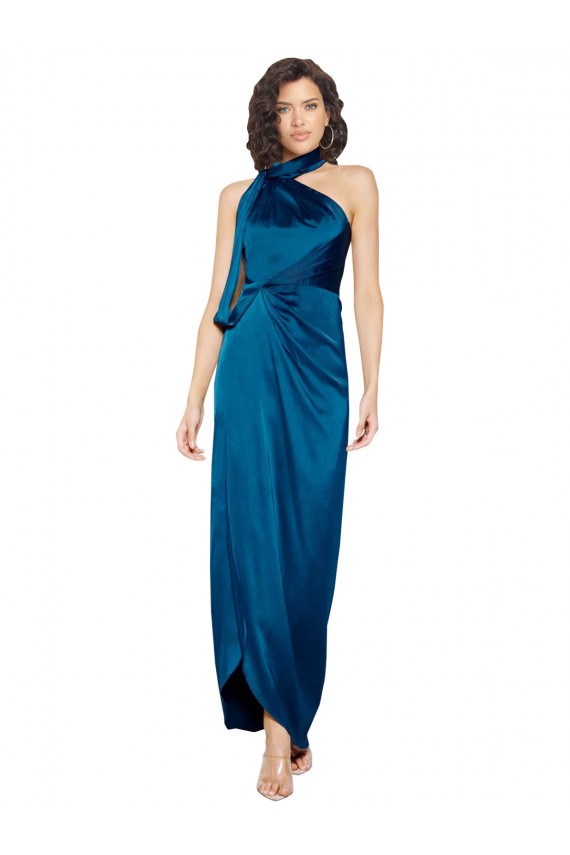 Sleeveless High Neck Silky Satin Peacock Blue Long Formal Dress