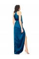 Sleeveless High Neck Silky Satin Peacock Blue Long Formal Dress