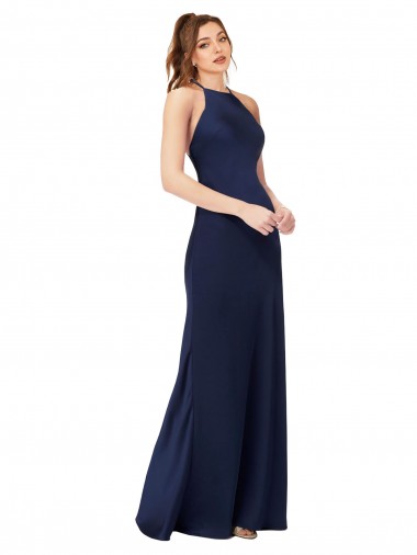 Affordable Sleeveless High Neck Silky Satin Sapphire Sheath Long Formal Dress UK