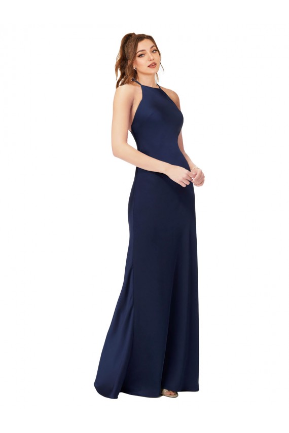 Sleeveless High Neck Silky Satin Sapphire Sheath Long Formal Dress