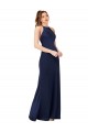 Sleeveless High Neck Silky Satin Sapphire Sheath Long Formal Dress