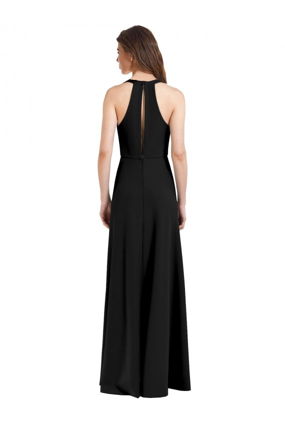 Sleeveless High Neck Stretch Crepe Black Sheath Long Formal Dress