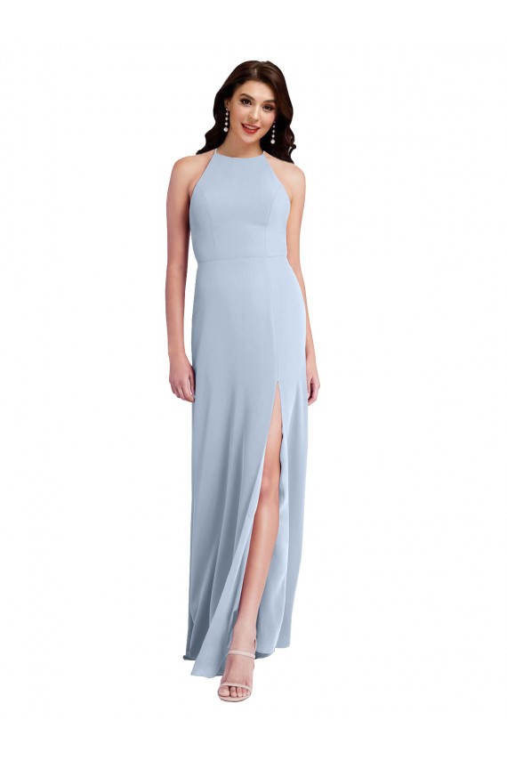 Sleeveless High Neck Stretch Crepe Light Sky Blue Sheath Long Formal Gowns
