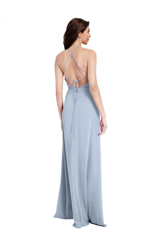 Sleeveless High Neck Stretch Crepe Light Sky Blue Sheath Long Formal Gowns
