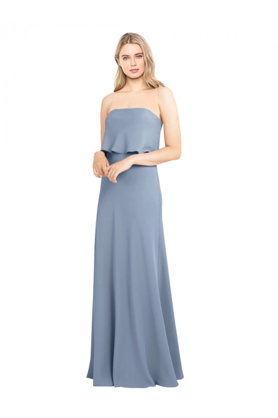 Sleeveless High Neck Stretch Crepe Smoke Blue Long Formal Dress