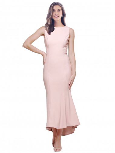 Affordable Sleeveless High Neck Stretch Crepe Pink Midi Length High Low Formal Dress UK
