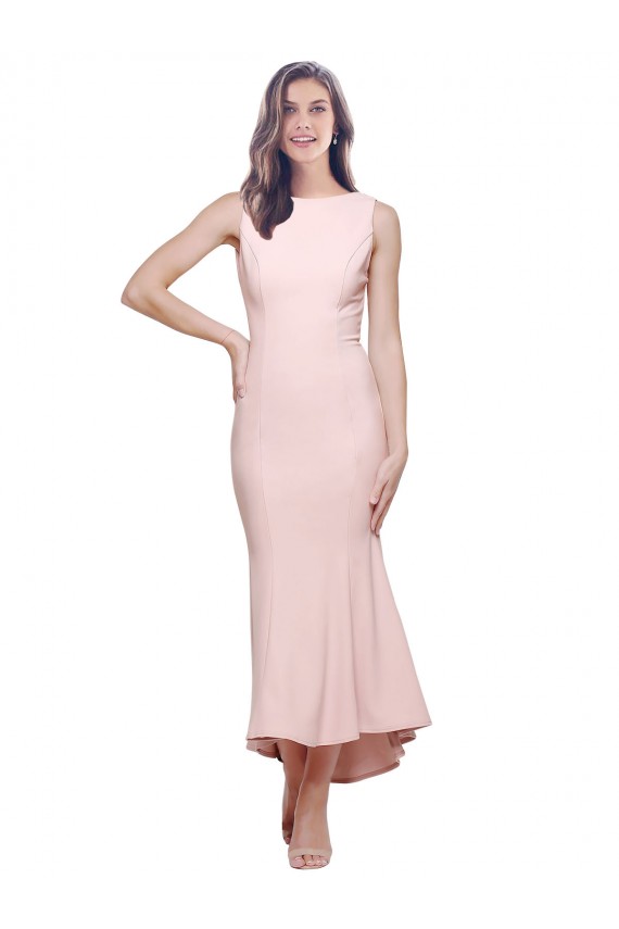 Sleeveless High Neck Stretch Crepe Pink Midi Length High Low Formal Dress