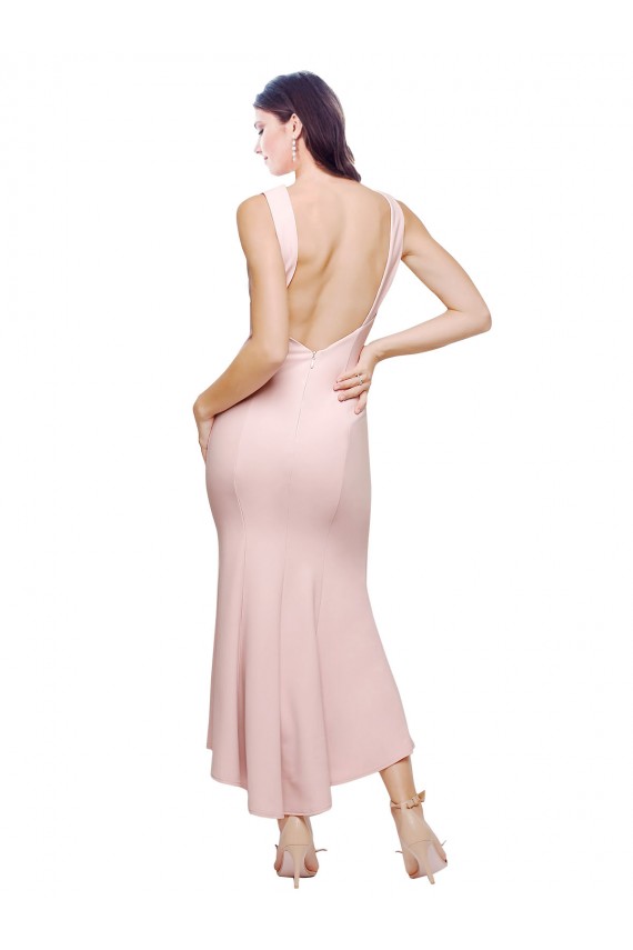 Sleeveless High Neck Stretch Crepe Pink Midi Length High Low Formal Dress