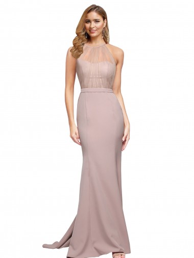 Affordable Sleeveless High Neck Stretch Crepe Dusty Pink Sweep Train Formal Dress UK