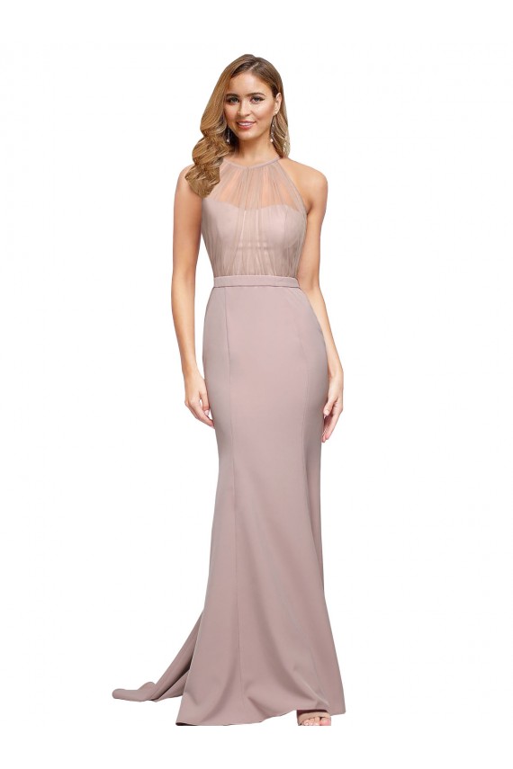 Sleeveless High Neck Stretch Crepe Dusty Pink Sweep Train Formal Dress