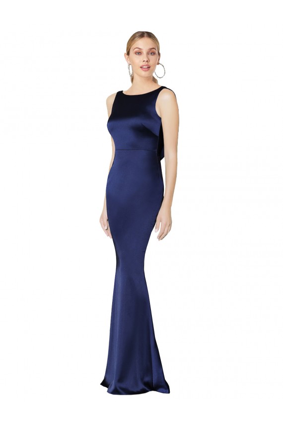 Sleeveless High Neck Stretch Satin Dark Navy Long Formal Dress