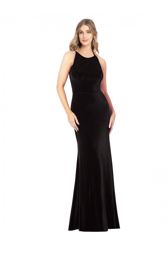 Sleeveless Jewel Neck Stretch Velvet Black Long Formal Dress