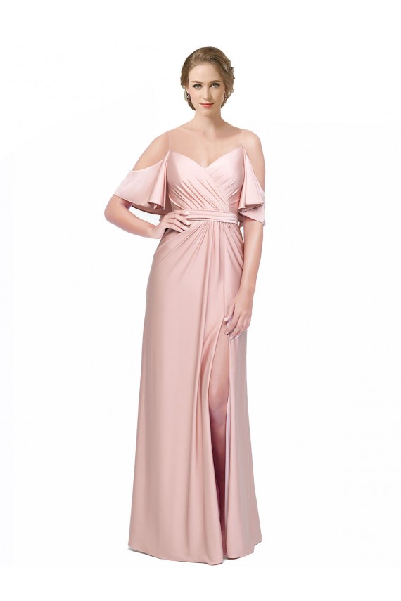 Cold Shoulder Off the Shoulder Silky Satin Long Formal Dress