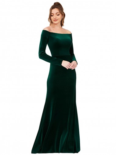 Affordable Long Sleeves Off the Shoulder Stretch Velvet Dark Green Long Formal Dress UK