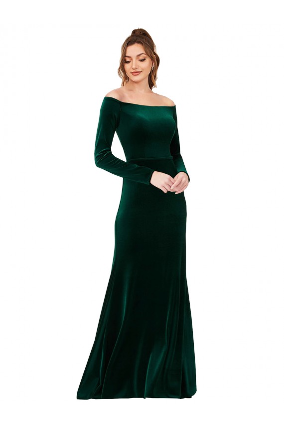 Long Sleeves Off the Shoulder Stretch Velvet Dark Green Long Formal Dress