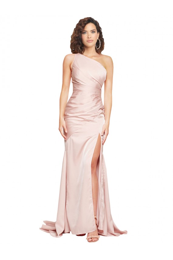 Sleeveless One Shoulder Silky Satin Pink Long Black Tie Formal Dress