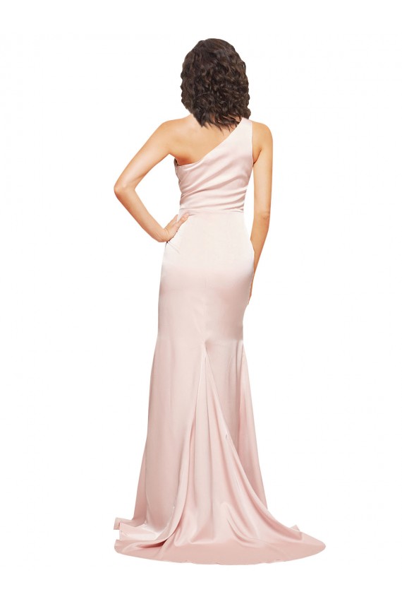 Sleeveless One Shoulder Silky Satin Pink Long Black Tie Formal Dress