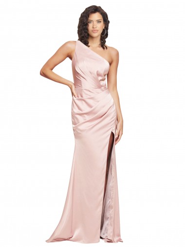 Affordable Sleeveless One Shoulder Silky Satin Pink Long Formal Dress UK