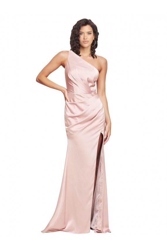 Sleeveless One Shoulder Silky Satin Pink Long Formal Dress