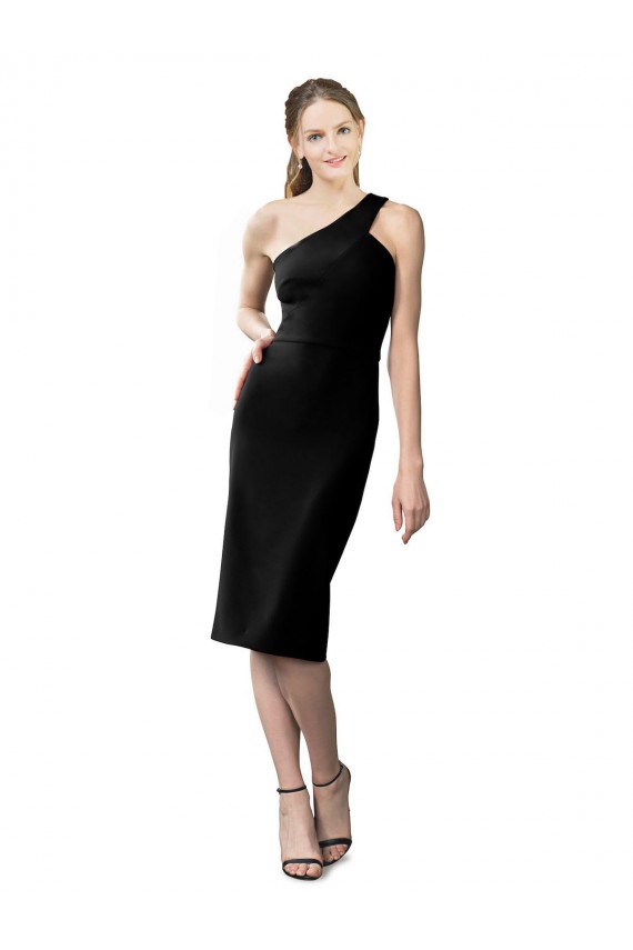 Sleeveless One Shoulder Stretch Crepe Black Cocktail Length Formal Dress
