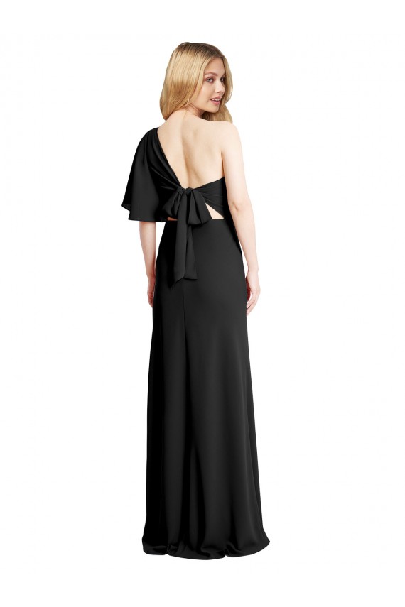 Flutter Sleeves One Shoulder Stretch Crepe Black Long Formal Dress