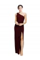 Sleeveless One Shoulder Stretch Crepe Burgundy Gold Long Black Tie Formal Dress