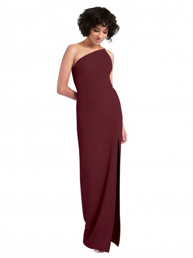 Affordable Sleeveless One Shoulder Stretch Crepe Burgundy Gold Long Formal Dress UK