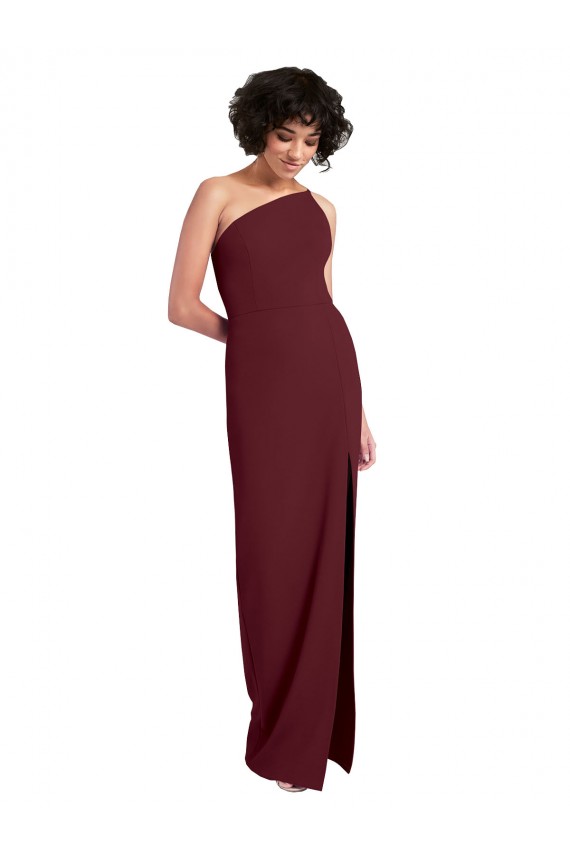 Sleeveless One Shoulder Stretch Crepe Burgundy Gold Long Formal Dress